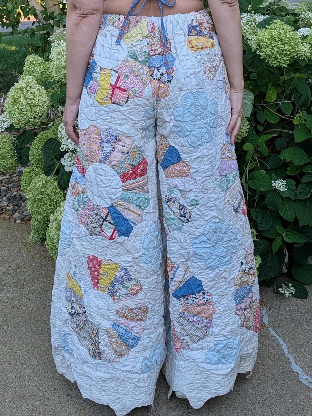 WIDE LEG QUILT PANTS vintage patchwork feedsack M - Picture 3 of 16